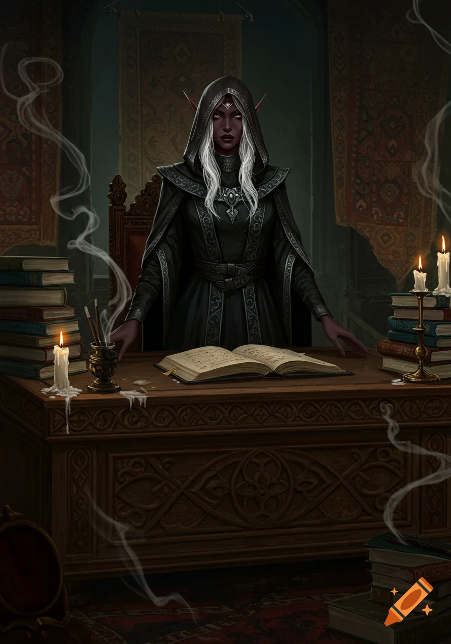 A dark elf lady with white hair and dark skin sits at a wooden desk with an open book, candles, and stacks of old books, wearing dark robes and a hood.