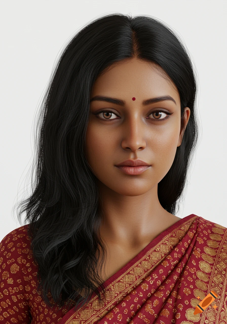 Close-up photorealistic portrait of an Indian woman with long dark hair, a red bindi, and a patterned red and gold sari against a white background.