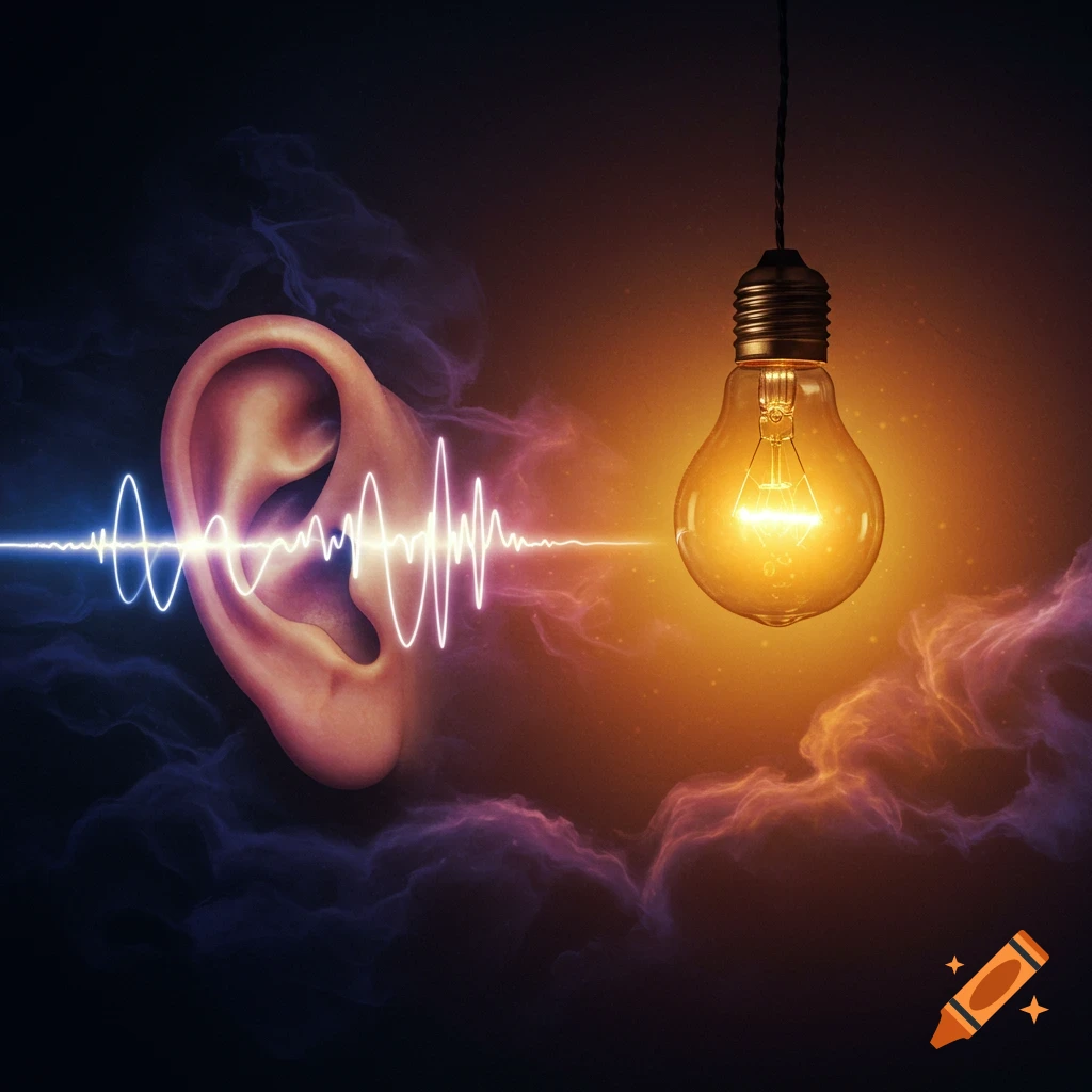 A glowing sound wave enters an ear, connecting to an illuminated light bulb against a dark, cloudy background.