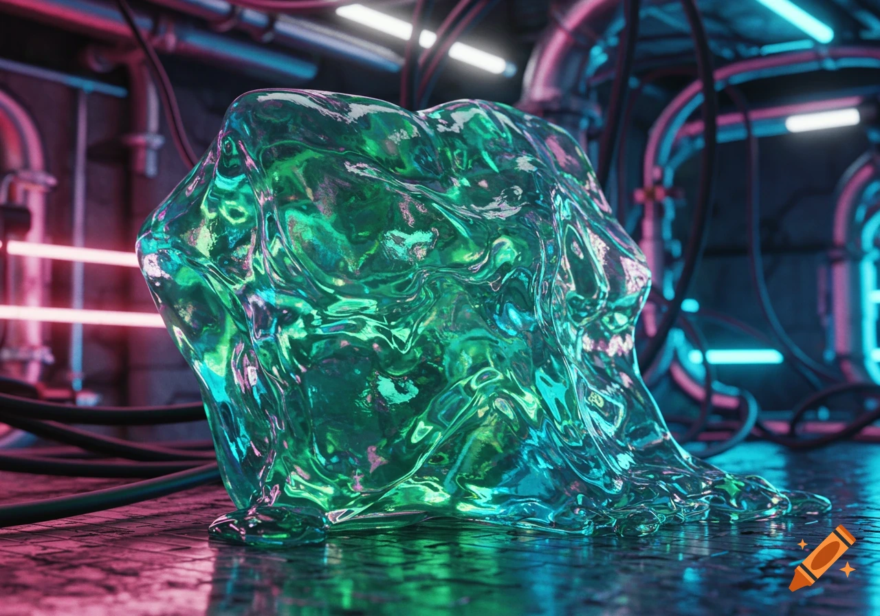 A vibrant green-blue translucent slime blob sits on a wet, metallic floor in a neon-lit futuristic industrial room.