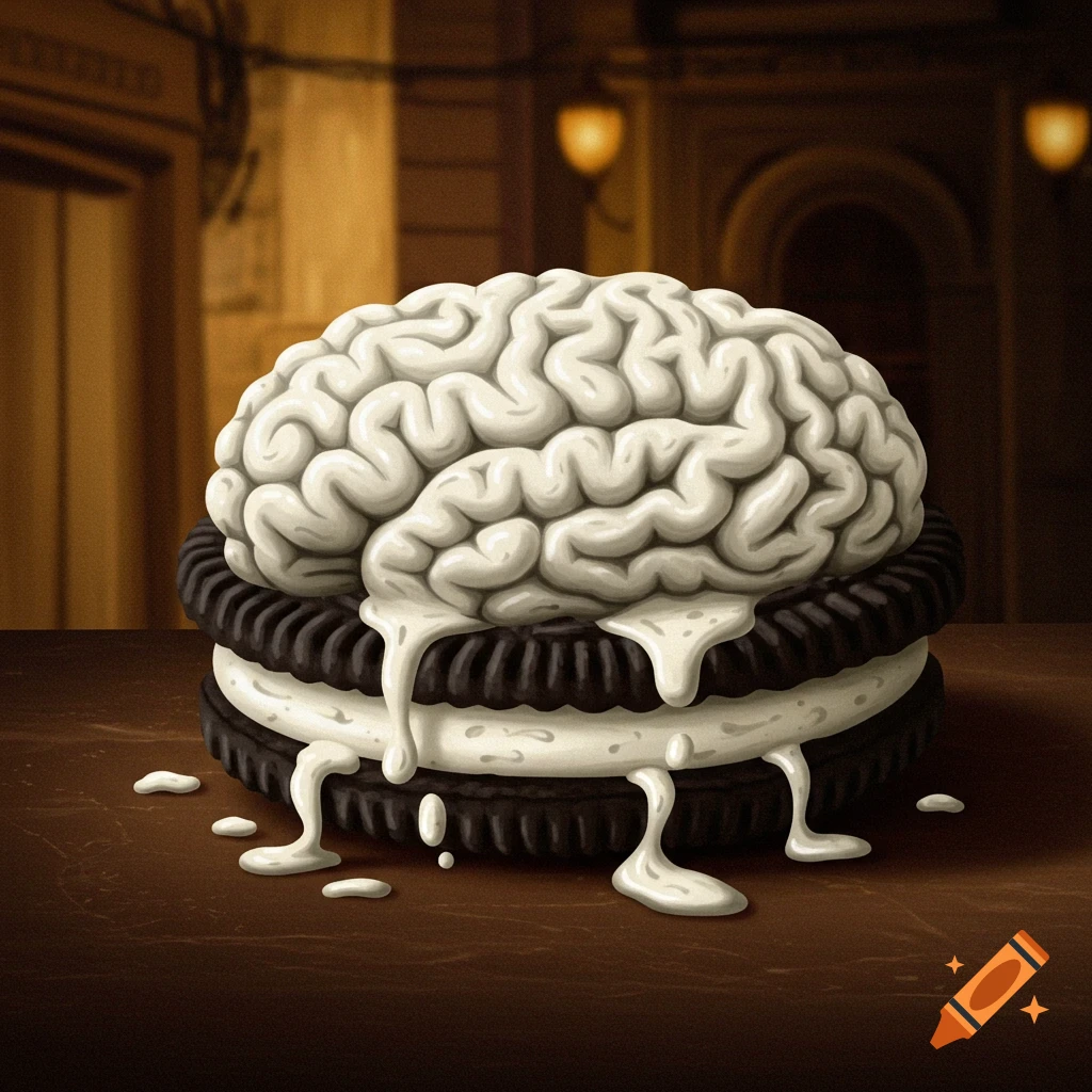 A stylized, creamy white brain sits on a large Oreo cookie, with white filling dripping, against a blurred dark background.