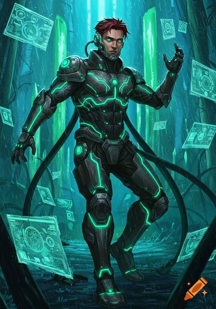 A man in a glowing green and black futuristic suit stands in a dark, rainy, sci-fi environment with floating holographic screens.