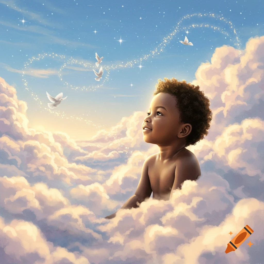 An illustrated young Black child with curly hair sits smiling in fluffy clouds, looking up at a blue sky with sparkling stars and flying doves.