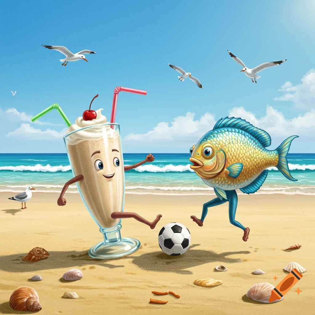A cartoon milkshake and a fish with legs play soccer on a sandy beach with seagulls and seashells.