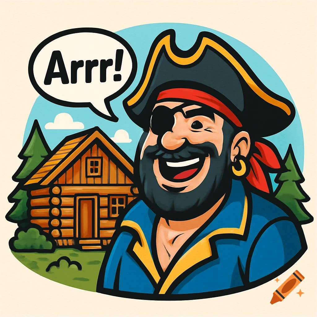 A cartoon pirate with an eyepatch and beard, wearing a blue coat and tricorn hat, shouts 'Arrr!' in a speech bubble in front of a log cabin.
