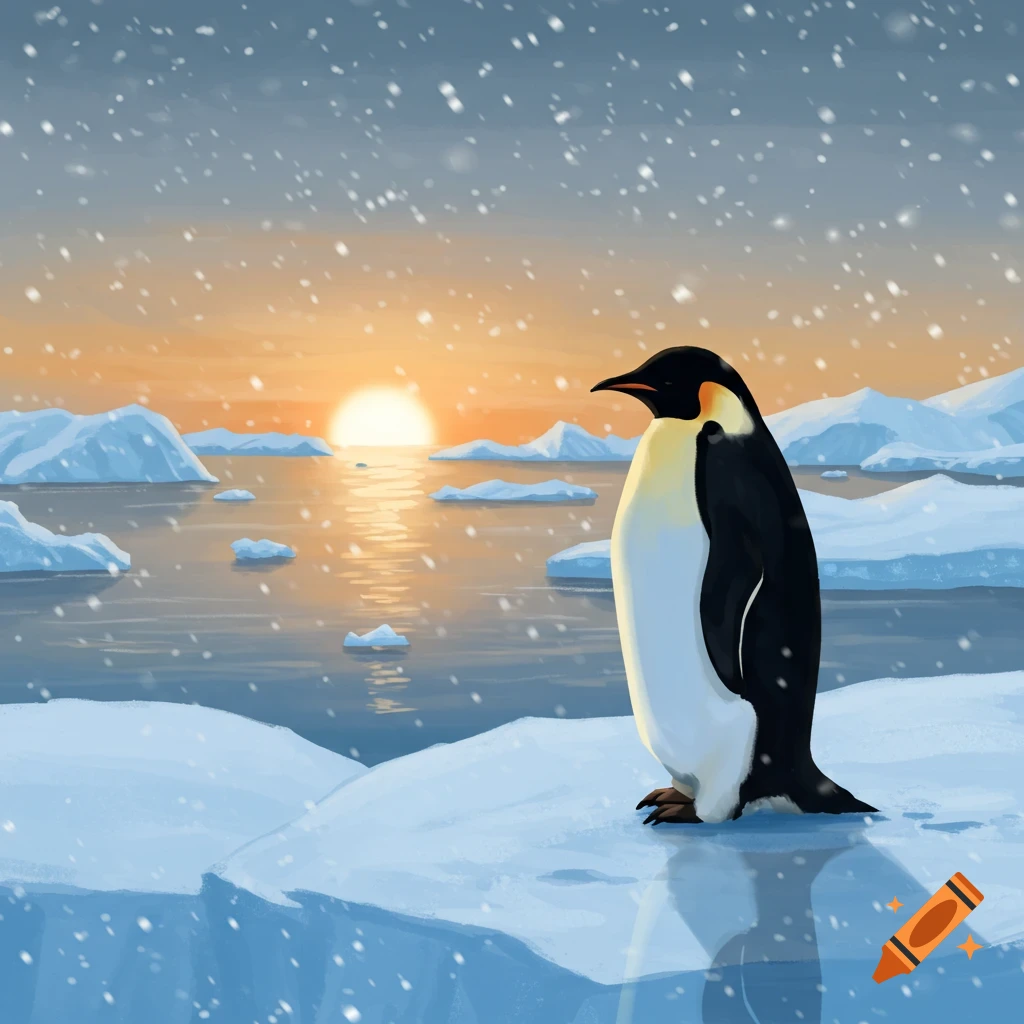 A king penguin stands on an icy surface with snow falling, overlooking a body of water with icebergs during a sunset.