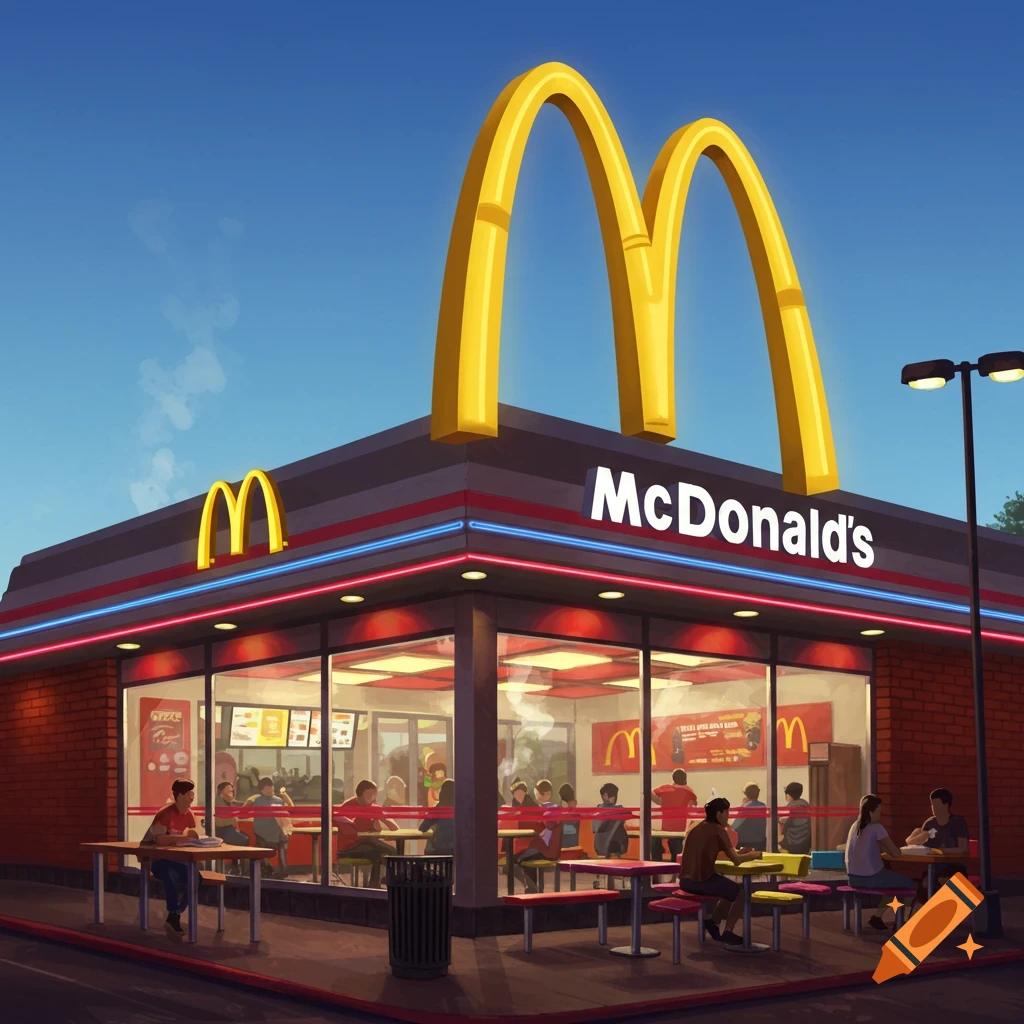 An illustrated view of a McDonald's restaurant at dusk, with its golden arches and neon lights, and customers dining inside and outside.