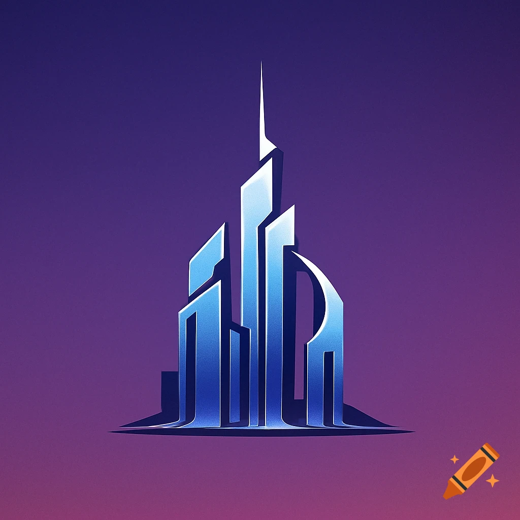 Stylized blue metallic skyscraper logo against a purple gradient background.
