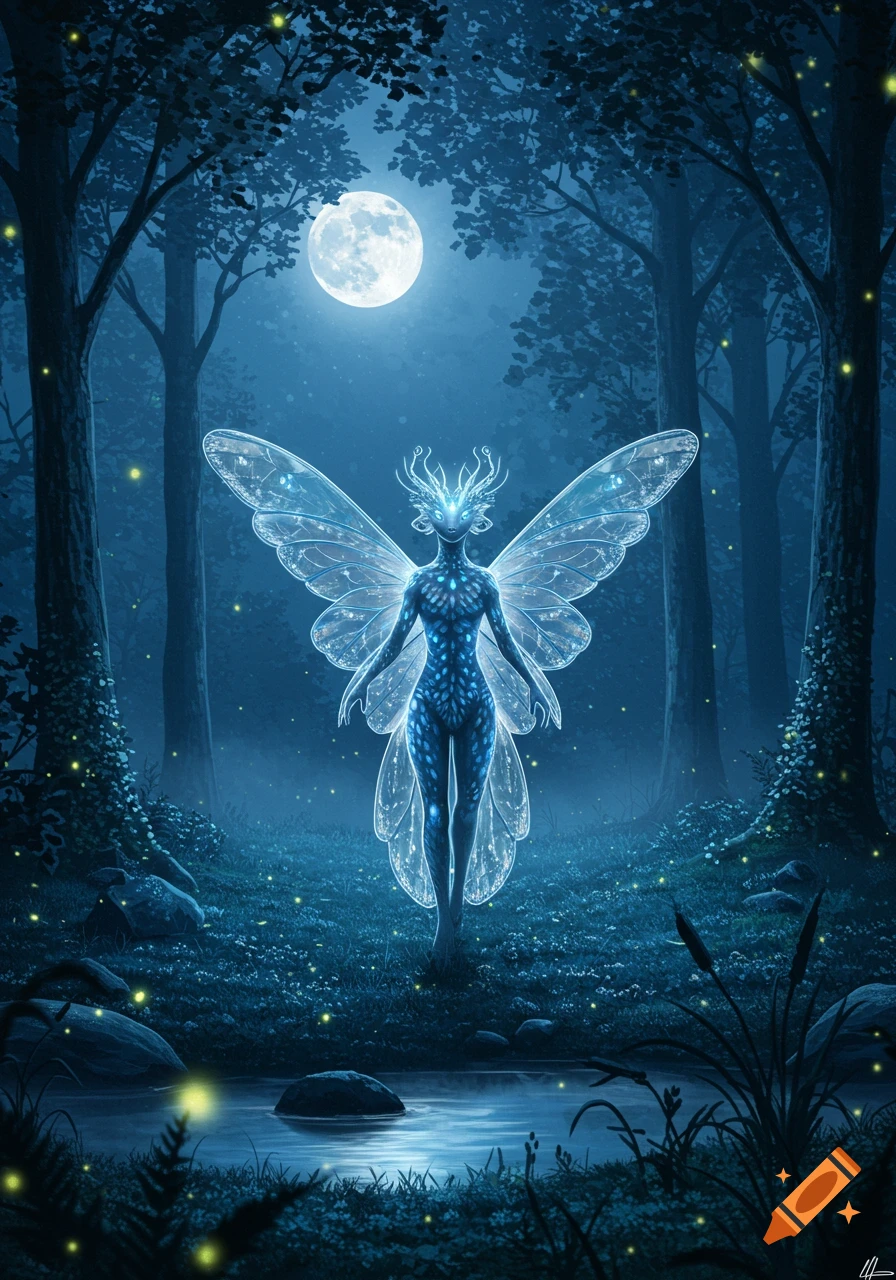 A glowing, ethereal blue fairy with large translucent wings stands in a misty, moonlit forest. Fireflies sparkle around a pond in the foreground.