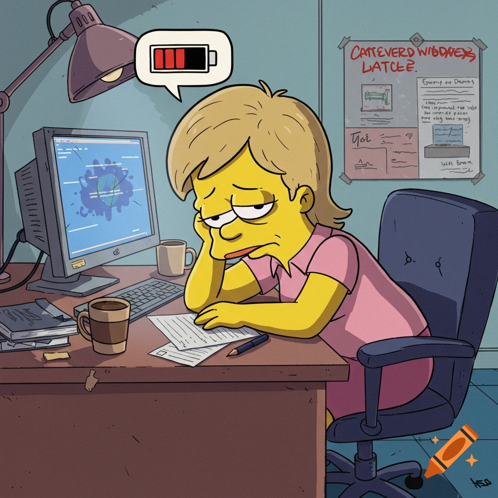 A tired, Simpsons-style office worker with blonde hair rests her head on her hand at a desk, a low battery symbol above her head. She's surrounded by a computer, coffee, and papers.