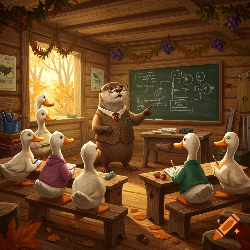 An anthropomorphic otter teacher in glasses points at a blackboard, teaching a classroom of duck students in a rustic setting.