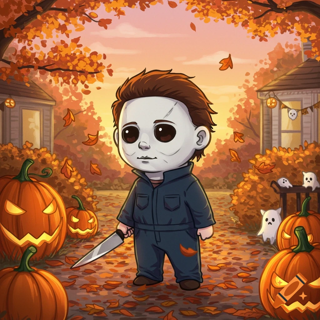 A cute, cartoon chibi Michael Myers stands in an autumn setting with pumpkins and falling leaves, holding a knife.
