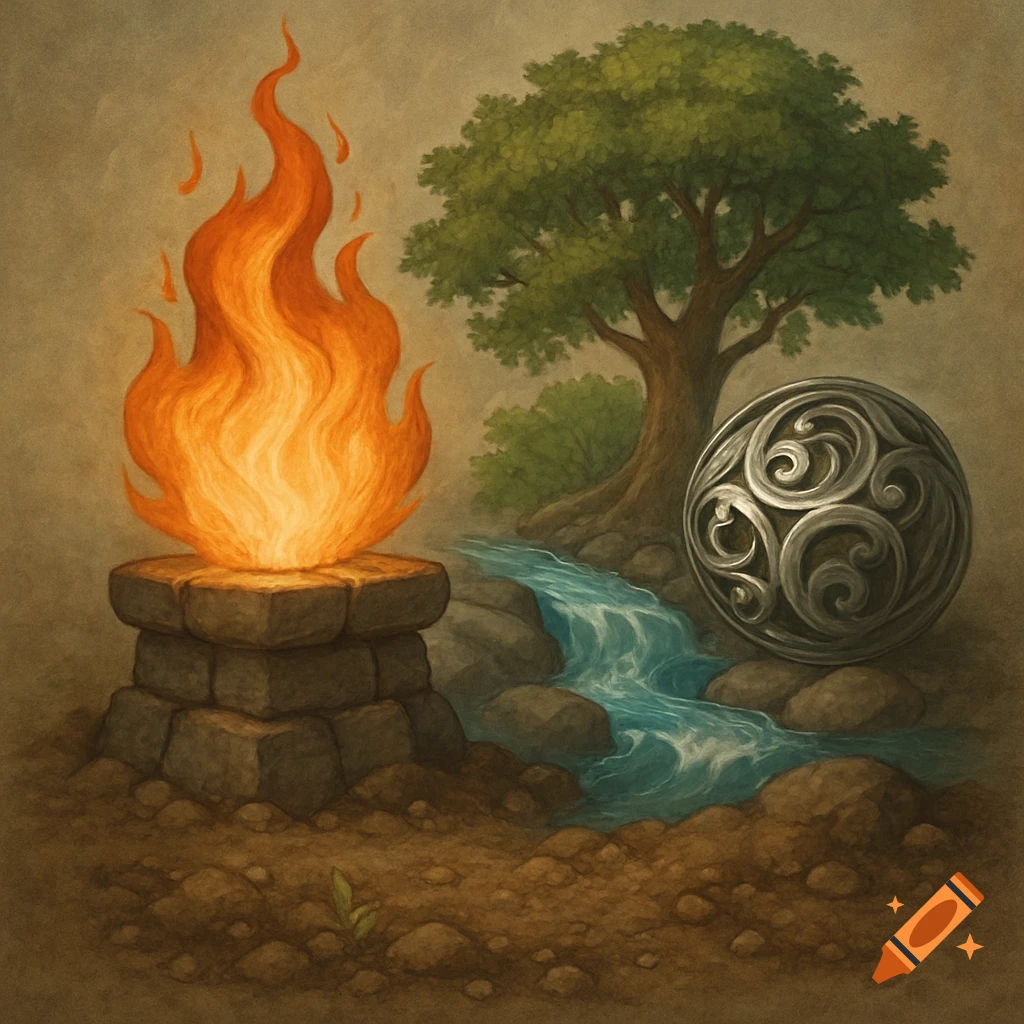 A stylized illustration of elemental symbols: fire on a stone altar, a river, a tree, and an ornate metallic sphere on earthy ground.