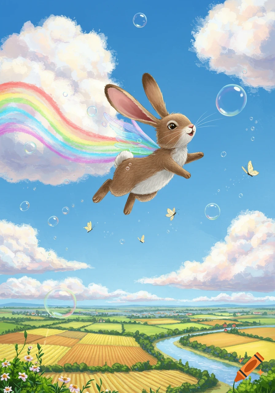 Whimsical illustration: a brown flying rabbit with small iridescent wings and a rainbow trail, soaring over fields, a river, and clouds.