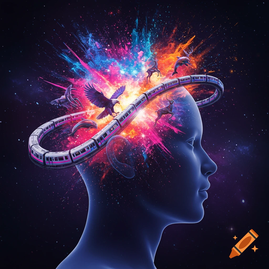 Surreal digital art of a human head in profile against a cosmic background, with a train forming a halo, animals, and vibrant colors exploding from within.