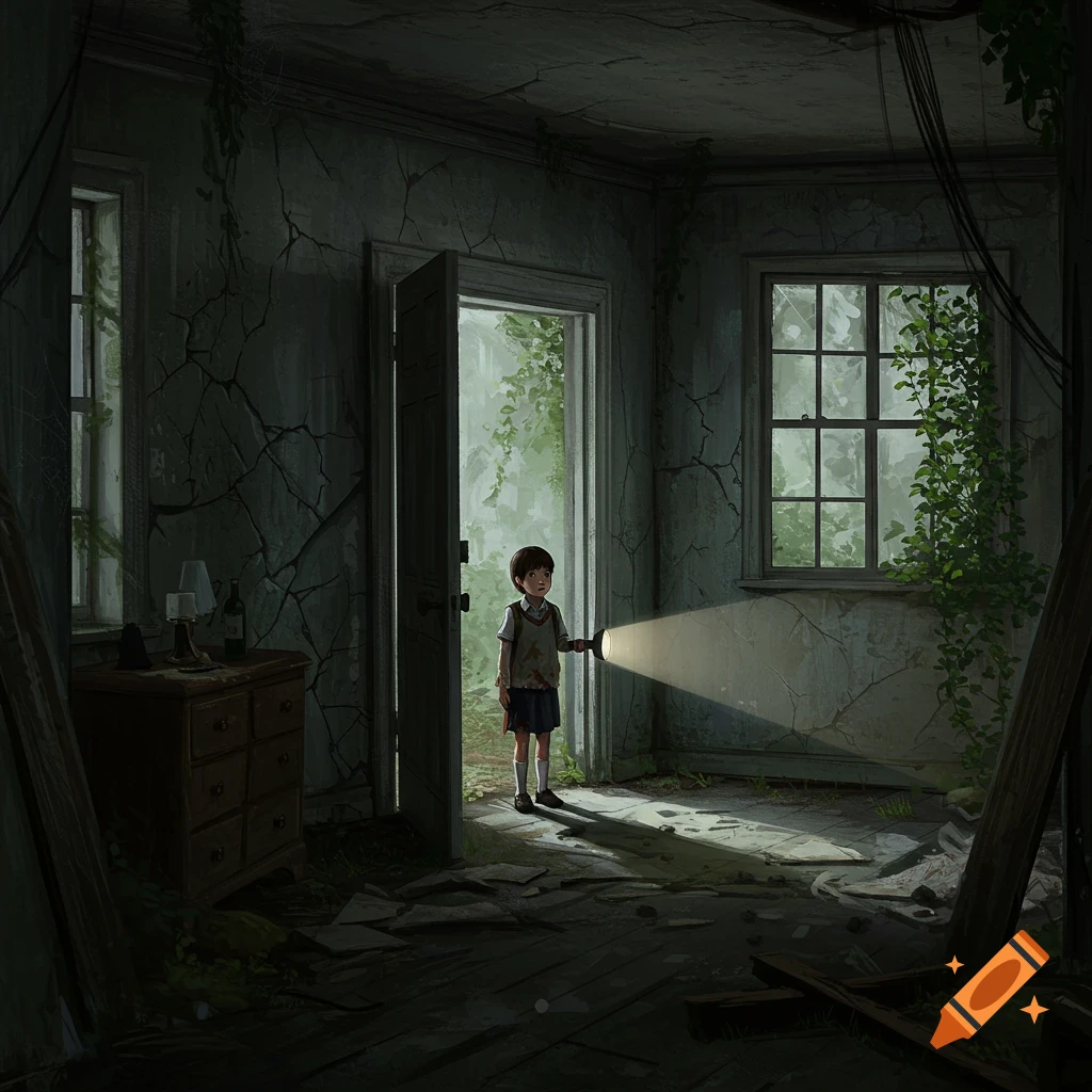 A young child holds a flashlight, peering into a dark, overgrown abandoned house at night, illuminated by the beam.