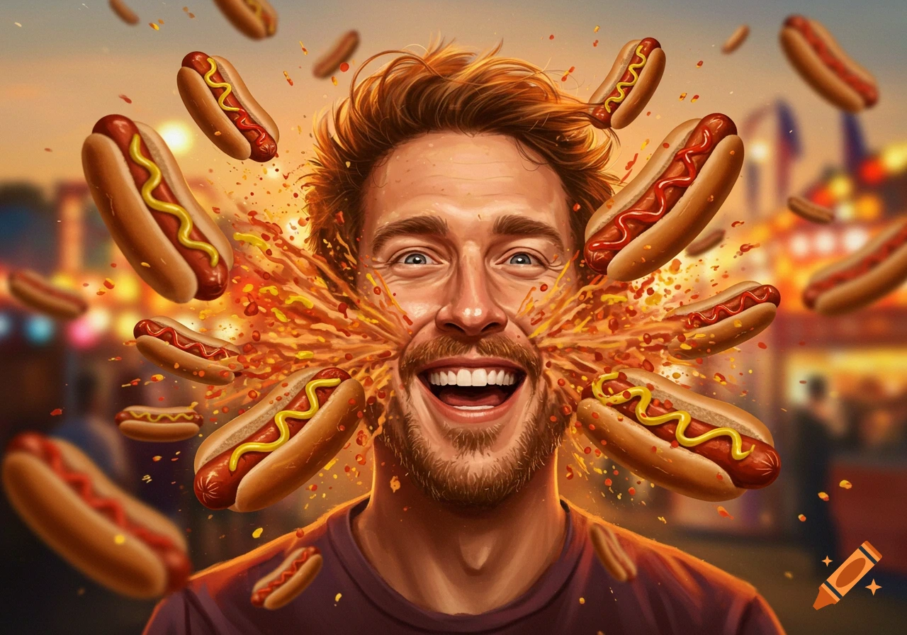 A laughing man's face is comically splattered with condiments from hot dogs exploding around him in a stylized illustration.