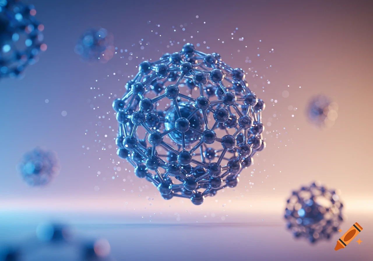 Blue molecular structure with interconnected spheres and glowing particles on a blue and orange gradient.