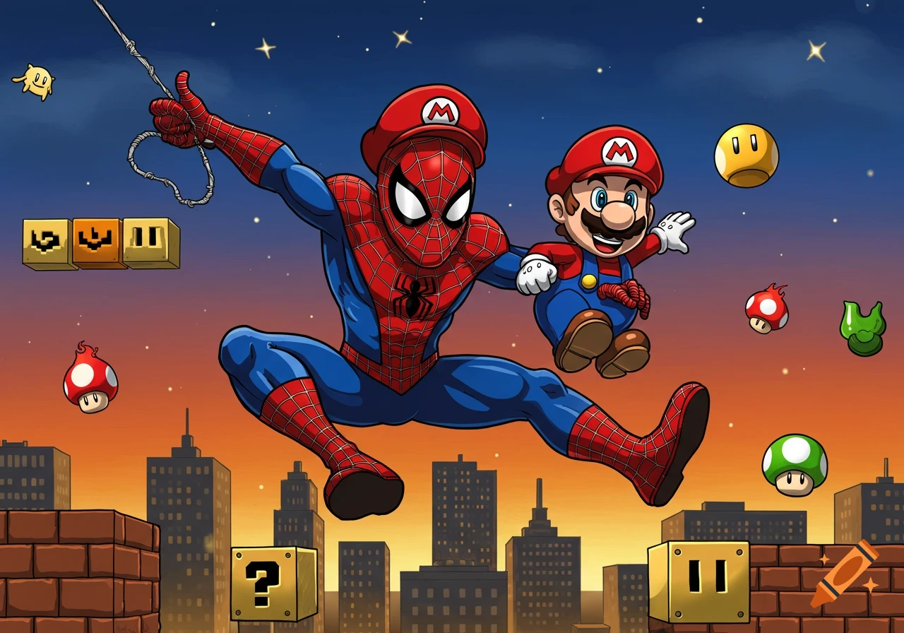 Spiderman swings on a web next to a jumping Mario, both in Mario hats, over a city with Mario game elements in a starry sky.