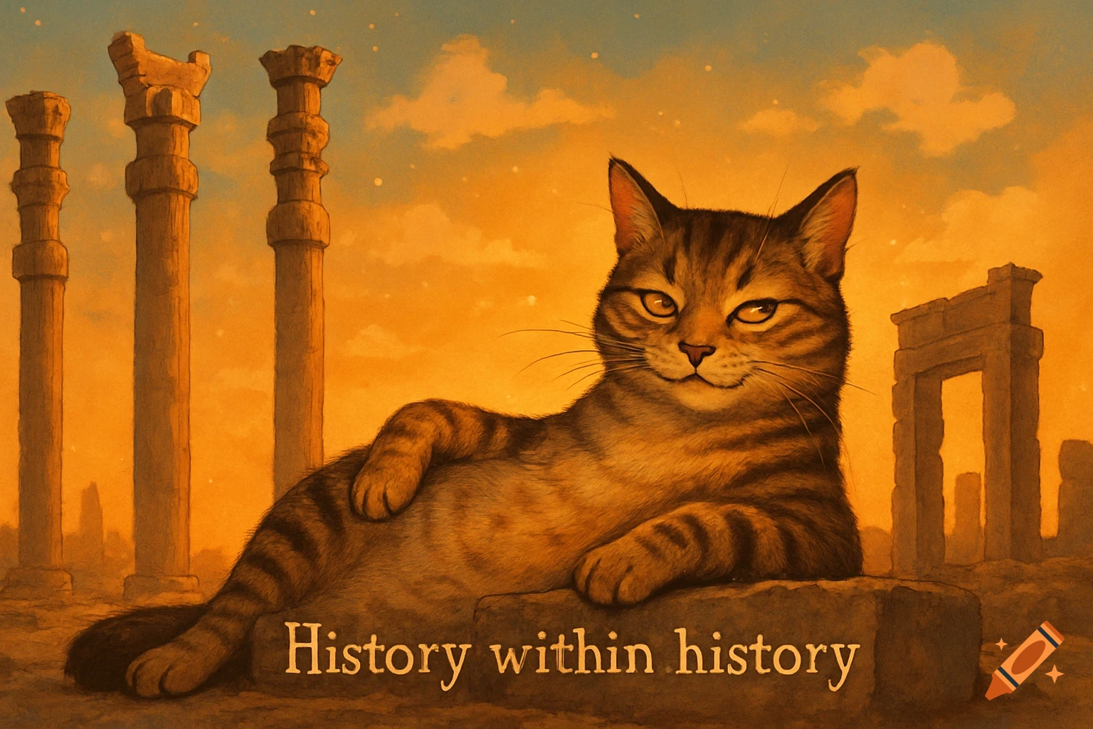 A lounging tabby cat on a stone with 'History within history' in front of ancient ruins at sunset.