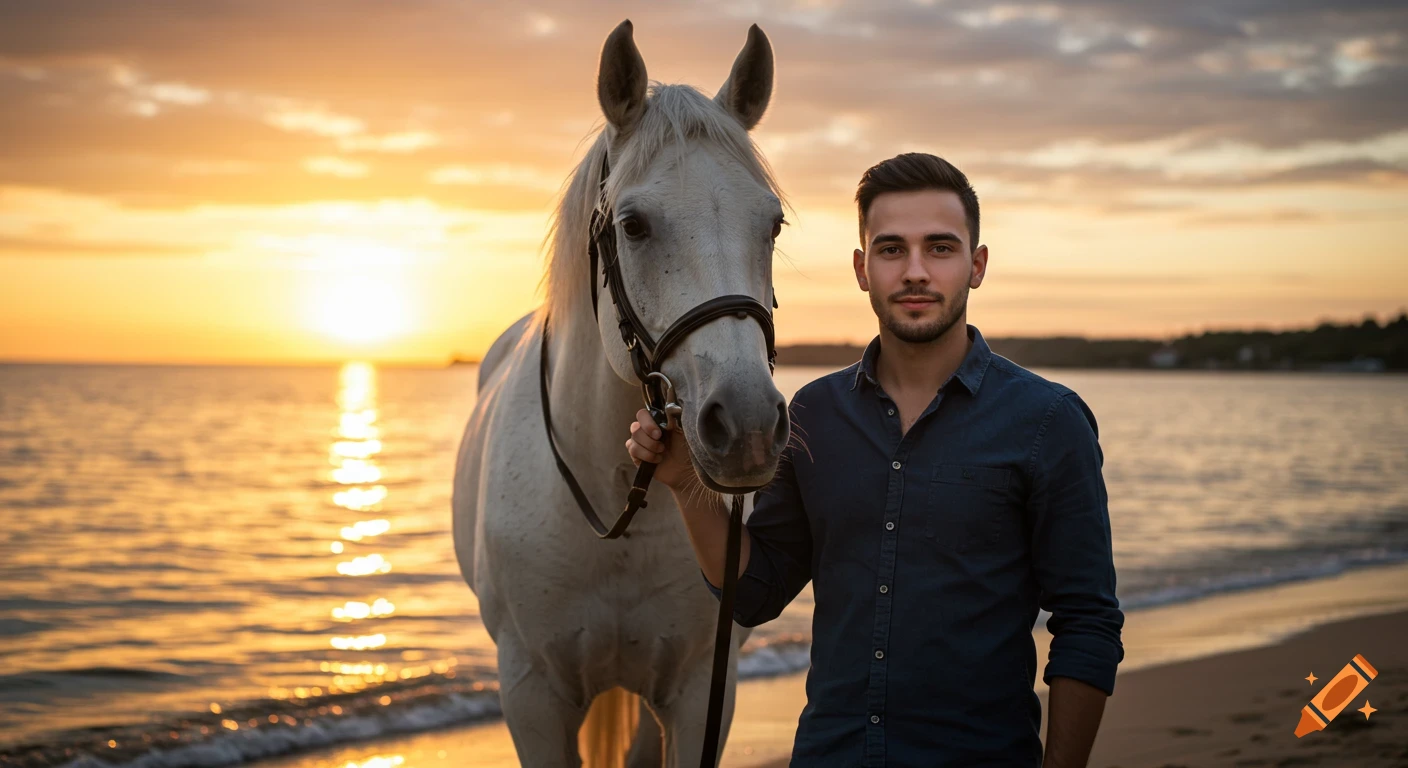 A photorealistic image of a man standing next to a white horse on a beach at sunset.