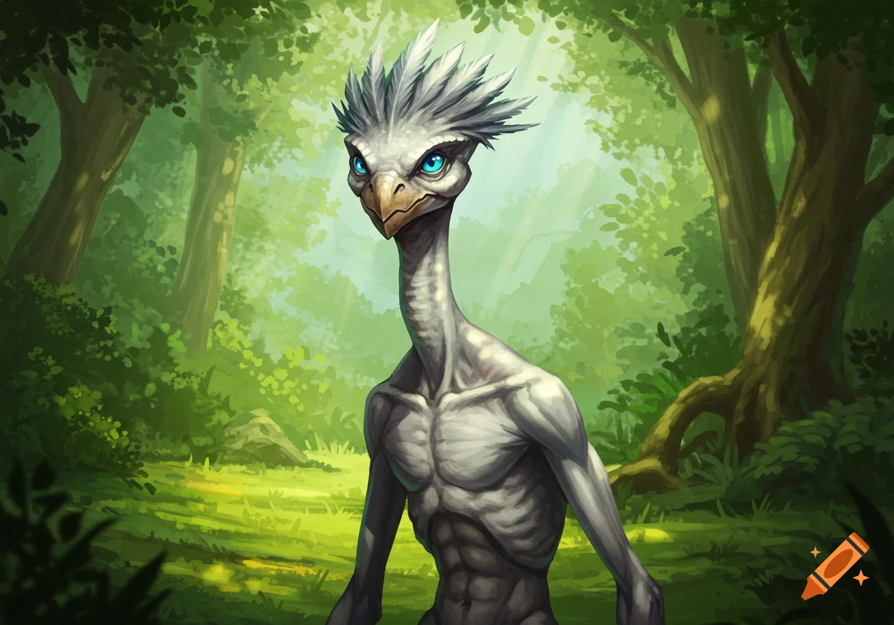 A stylized gray, bird-like creature with a white feather crest and glowing blue eyes stands in a lush green forest, digital art.