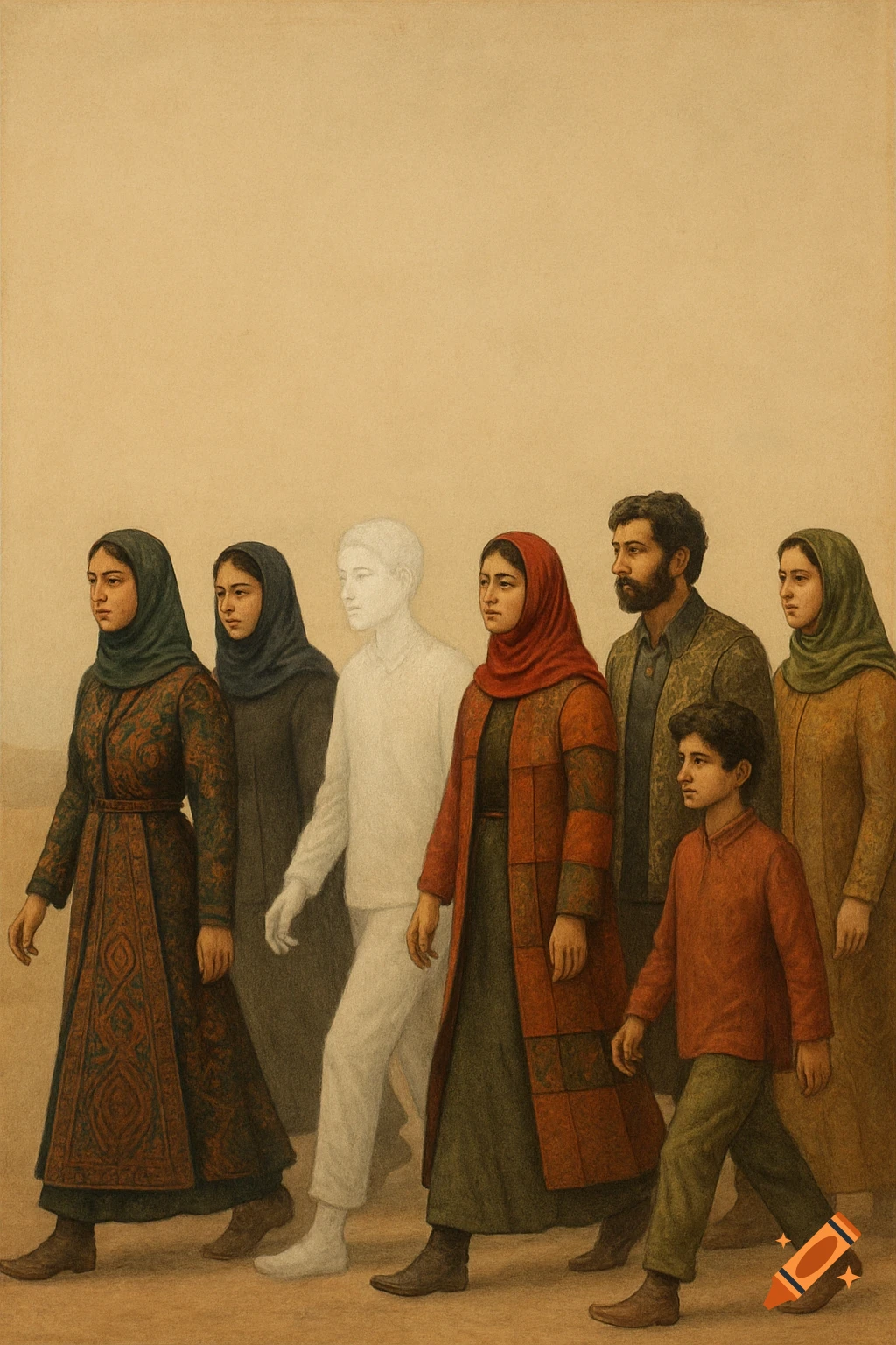 A group of Iranian people, including a ghostly faded man, walk across a barren landscape in a painterly style.