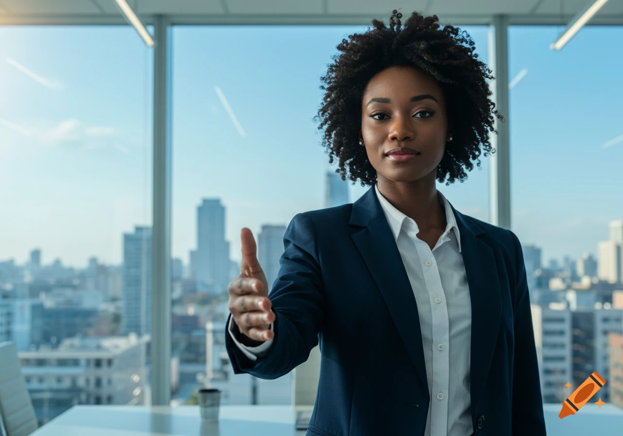 Photorealistic black businesswoman in a suit extending her hand for a handshake, with a city skyline visible through an office window.