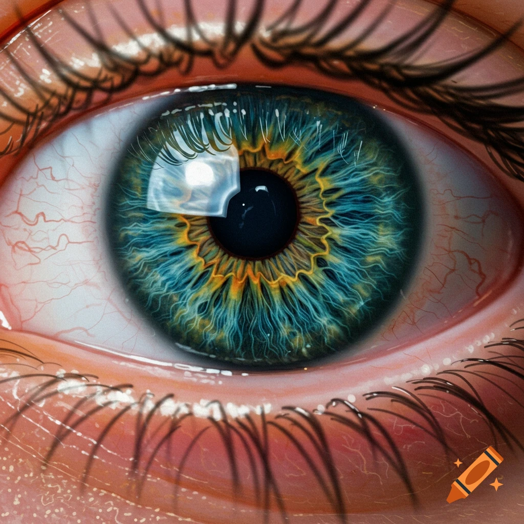 Highly detailed, photorealistic close-up of a human eye with a blue and yellow iris and visible blood vessels.