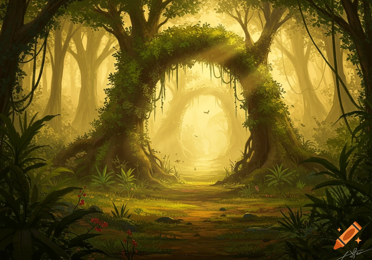A golden-lit fantasy rainforest path leads through a vine-covered arch of ancient trees into a bright clearing.