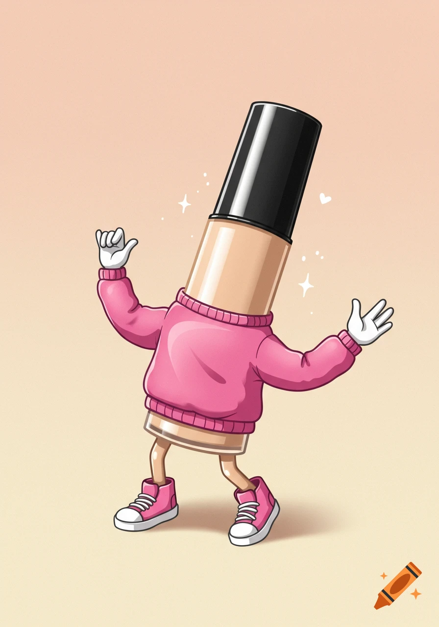 A cartoon makeup concealer bottle with arms and legs, wearing a pink sweatshirt and pink shoes, doing a thumbs up and waving.