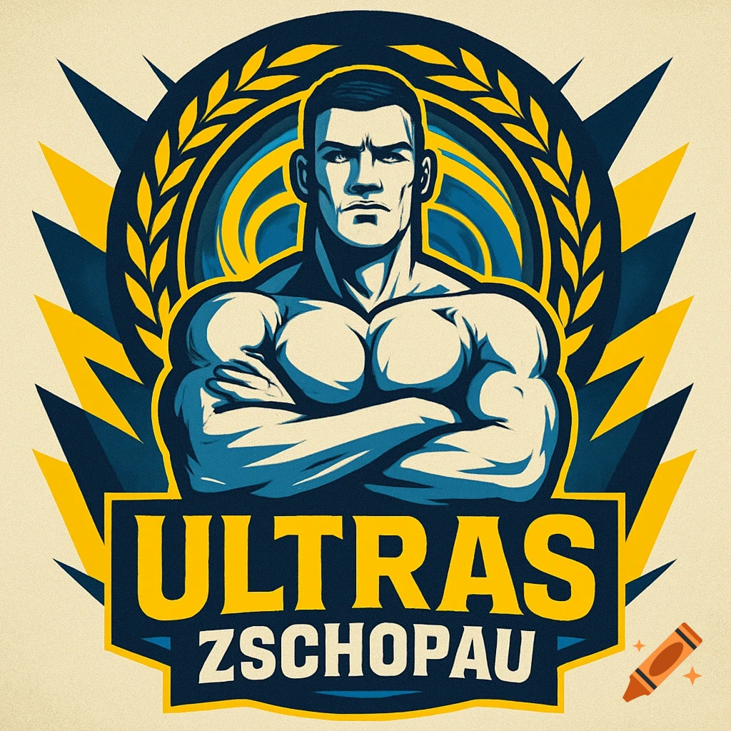 A yellow and blue logo of a muscular man with crossed arms, with 'ULTRAS ZSCHOPAU' text below, in a graphic design style.