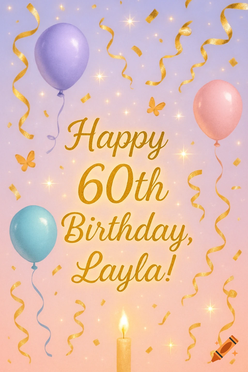 A birthday greeting card with purple, pink, and blue balloons, golden confetti, butterflies, and a lit candle. The text reads 'Happy 60th Birthday, Layla!'