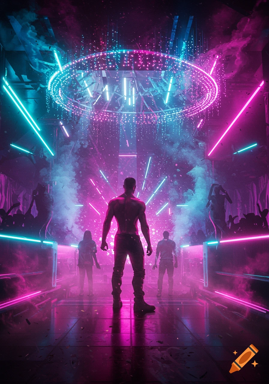 A shirtless man in boots stands in a futuristic club bathed in vibrant pink and blue neon lights and smoke.