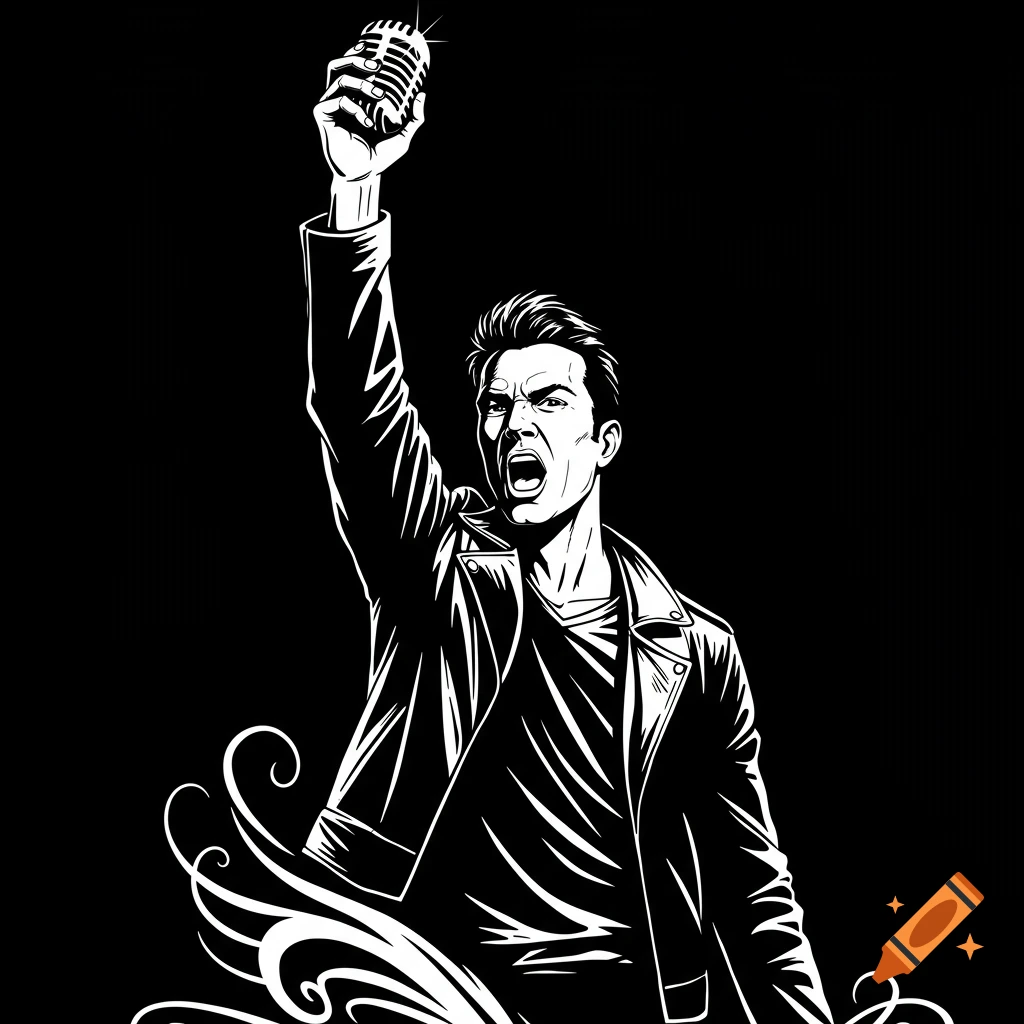 Black and white illustration of a man in a leather jacket shouting, holding a vintage microphone high in the air.