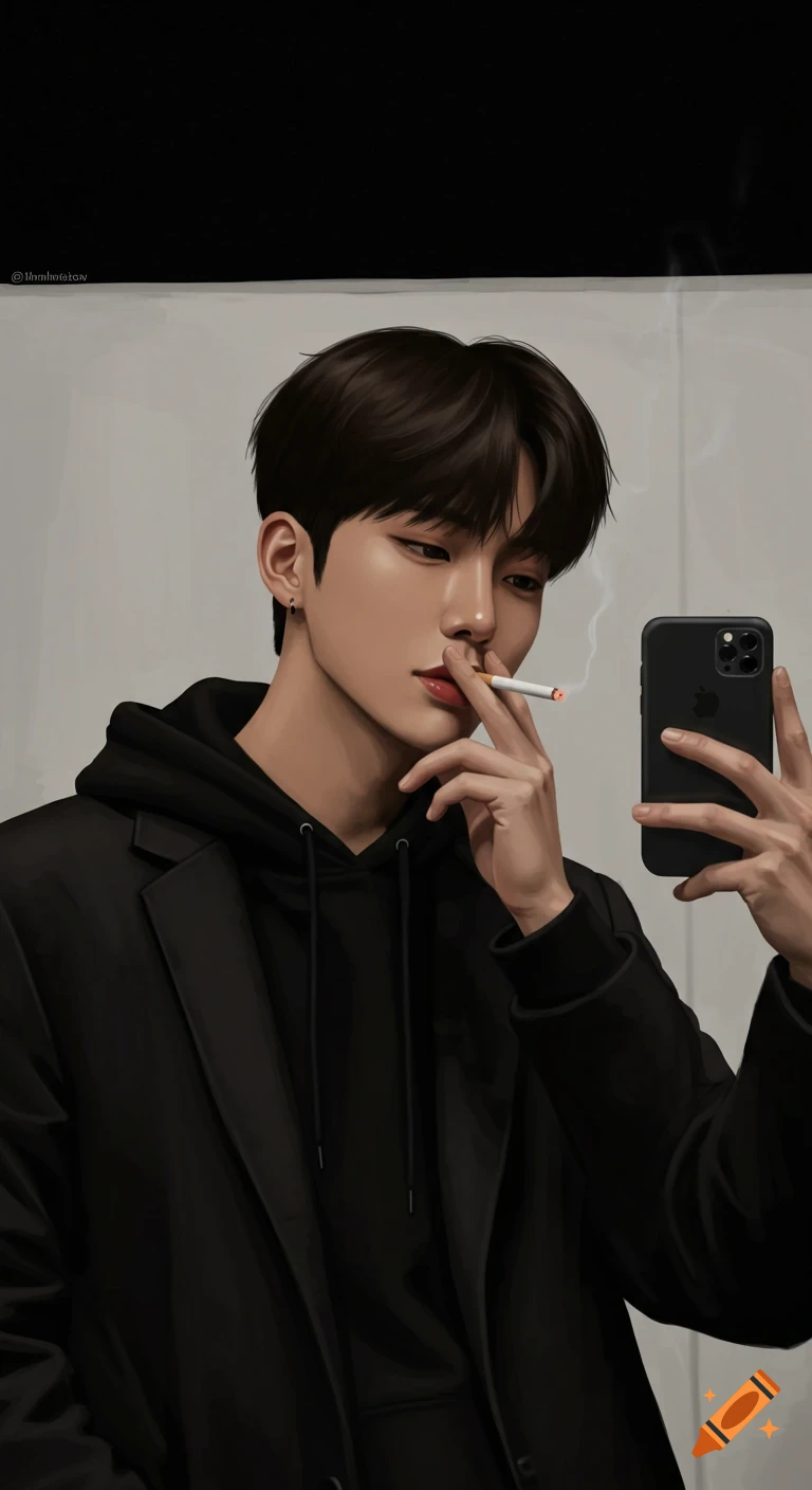 Digital art of a young man with dark hair, wearing a black hoodie and jacket, holding a lit cigarette to his mouth while taking a selfie with a black phone.
