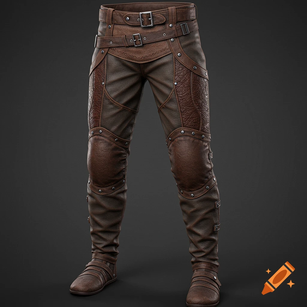 Brown leather fantasy warrior pants with buckles, straps, and studs on a dark background.