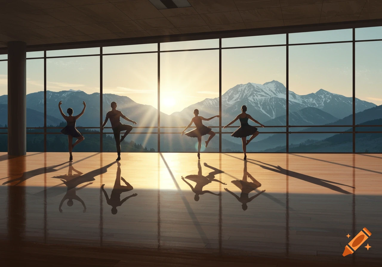 Four dancers in silhouette pose in a studio with a large window overlooking mountains at sunset.