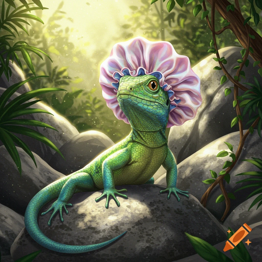 A vibrant green lizard with large eyes wears a frilly pink and blue shower cap while sitting on rocks in a sunlit jungle.