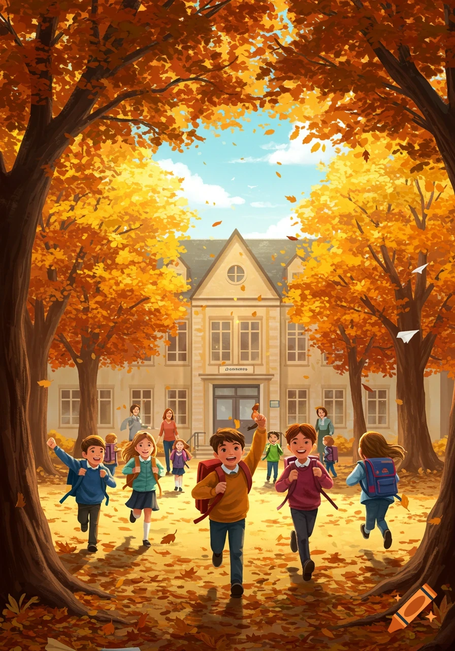 Happy children with backpacks run towards a school building under colorful autumn trees in a bright illustration.
