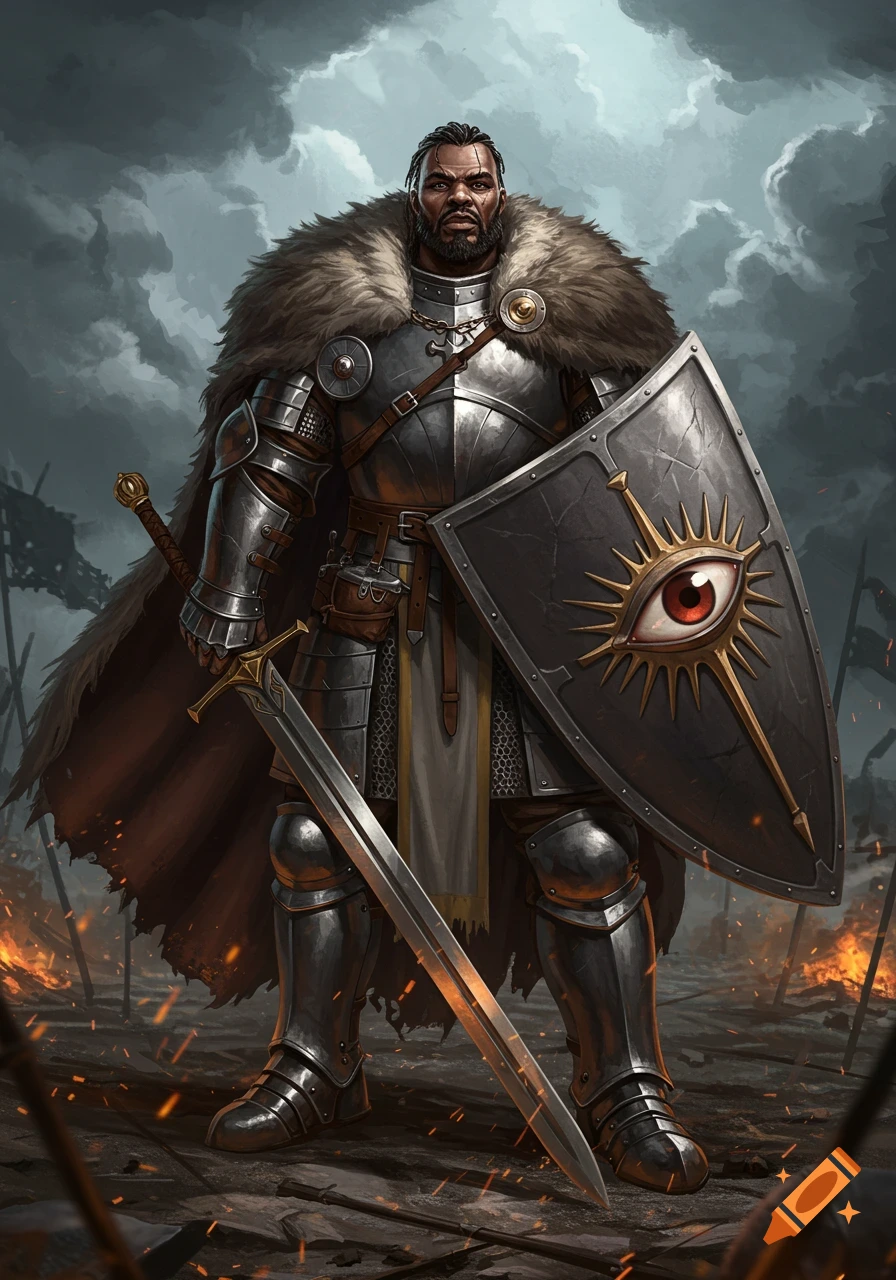 A heavy-set human paladin in ornate armor and fur cloak, holding a sword and a shield with an eye motif, stands on a fiery battlefield.