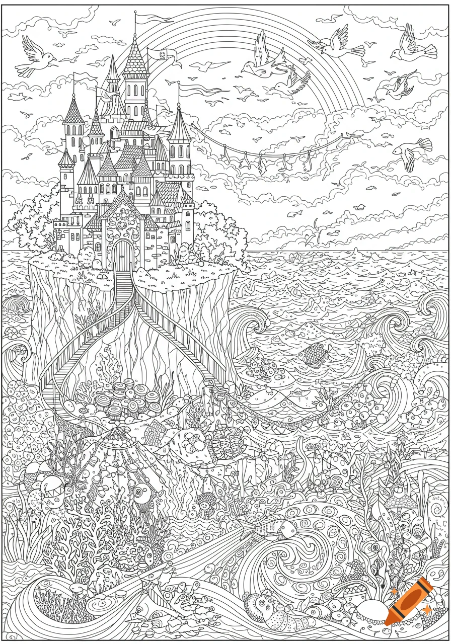 Intricate black and white fairytale coloring page of a castle on a cliff, surrounded by ocean life, birds, and a rainbow.