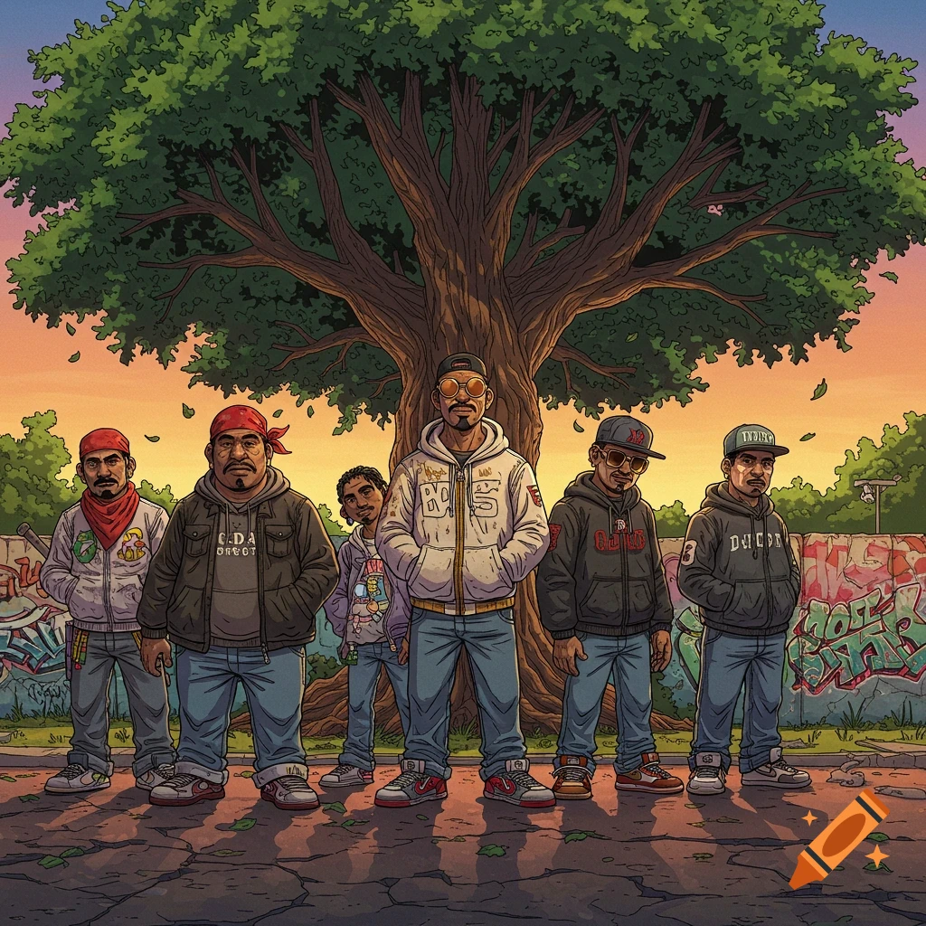 An urban illustration in "Boondocks" style shows six men in hoodies and jeans standing under a large tree at sunset, with graffiti walls behind them.
