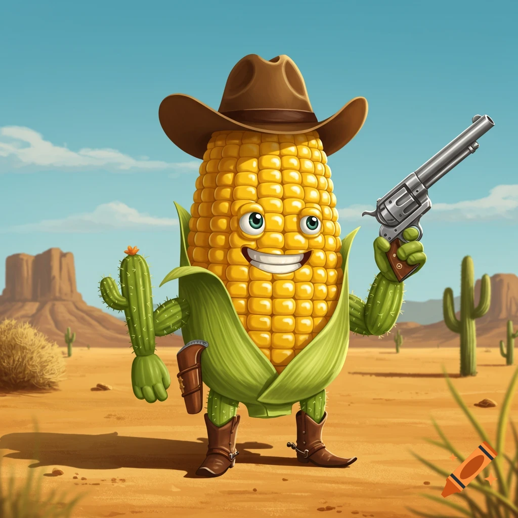 A happy cartoon corn cob character wearing a cowboy hat and boots, with cactus arms and legs, holding a revolver in a desert.