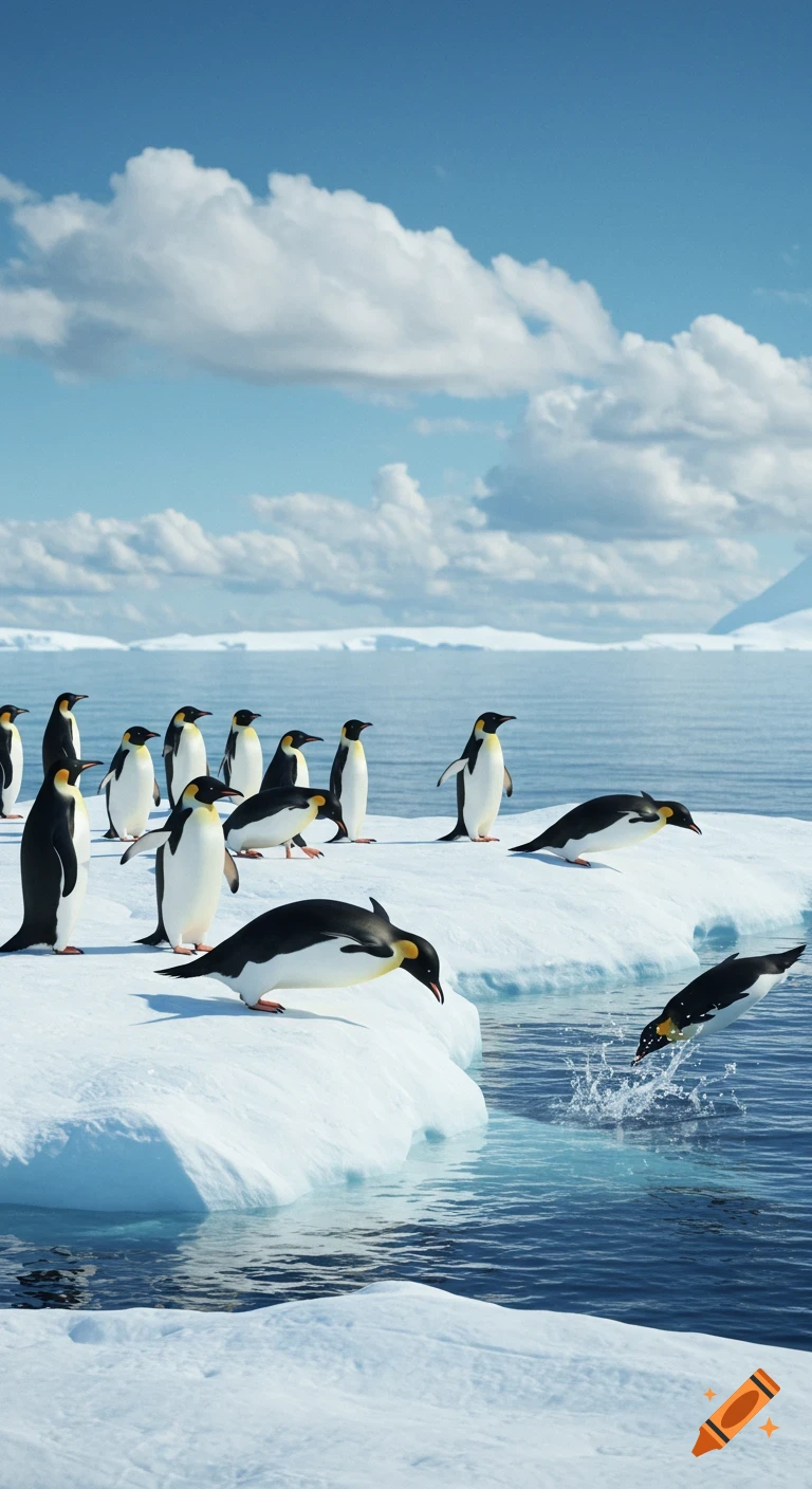 Photorealistic image of penguins on an ice floe in the blue ocean, with one penguin diving into the water, under a cloudy sky.