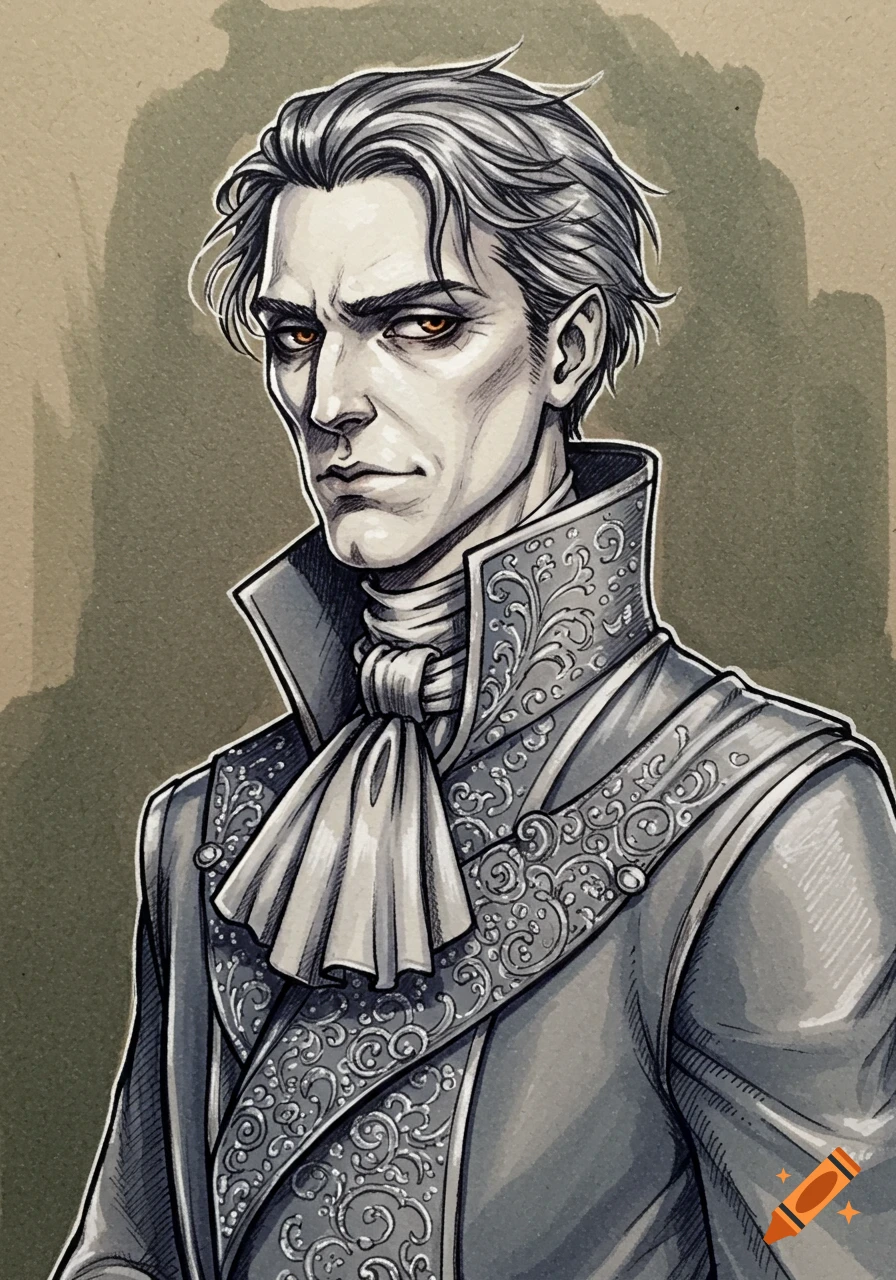 Hand-drawn portrait of a pale man with grey hair and orange eyes, wearing an elaborate historical costume with a ruffled cravat.