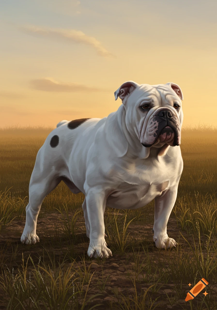 A muscular white bulldog with dark spots stands in a grassy field under a warm, orange sky at sunrise.