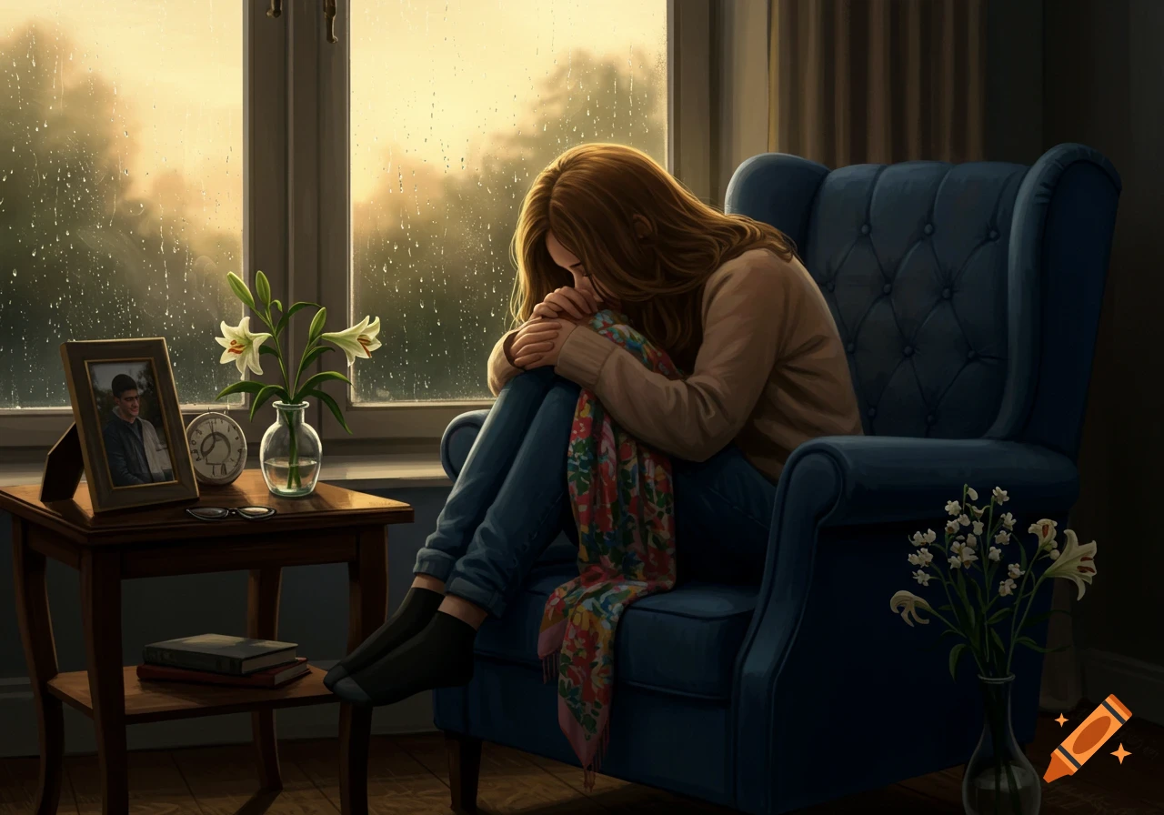 An illustrative painting of a sad young woman sitting by a rainy window, next to a framed photo of a man and white lilies.