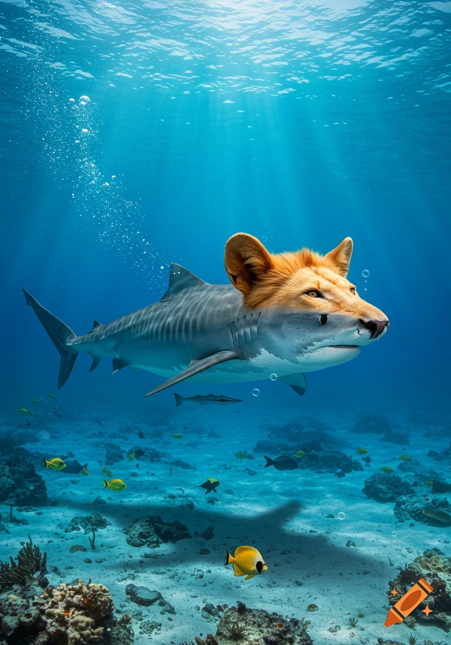 A photorealistic tiger shark with a lion's head swims gracefully underwater, sunlight piercing the blue water above a coral reef with small fish.