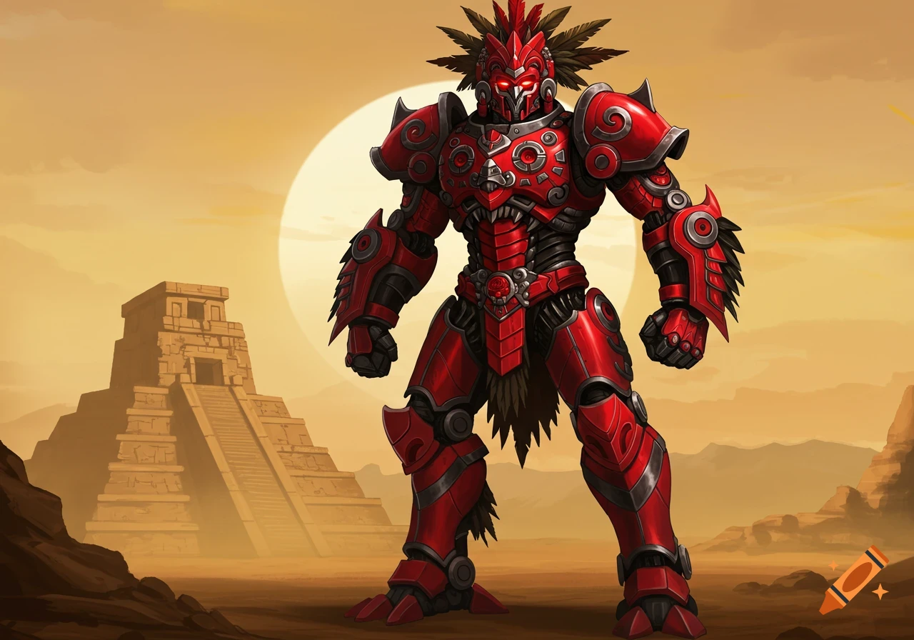 A stylized red and black robot warrior with feathered headgear stands in a desert landscape with a Mayan pyramid and a large sun.